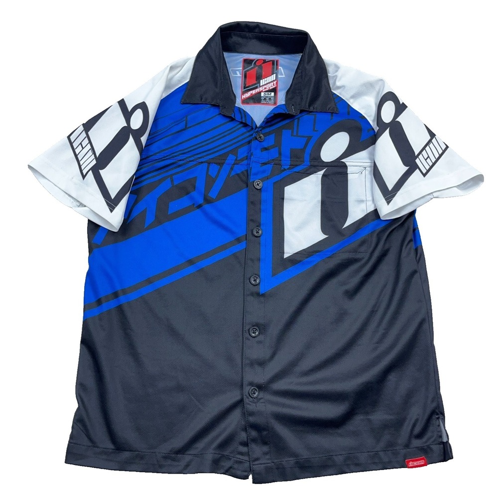 Icon Motorsports Shop Shirt Men Small Blue Black Hypersport Button Up Pit Crew